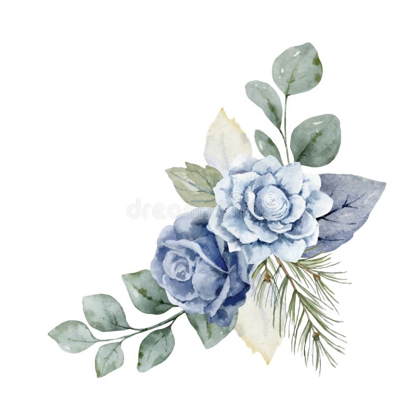 A watercolor vector winter bouquet with dusty blue flowers and branches.