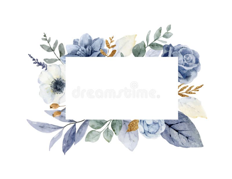 A watercolor vector winter frame with dusty blue flowers and branches.