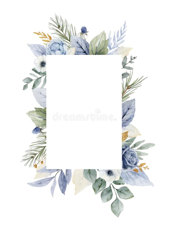 A watercolor vector winter frame with dusty blue flowers and branches.