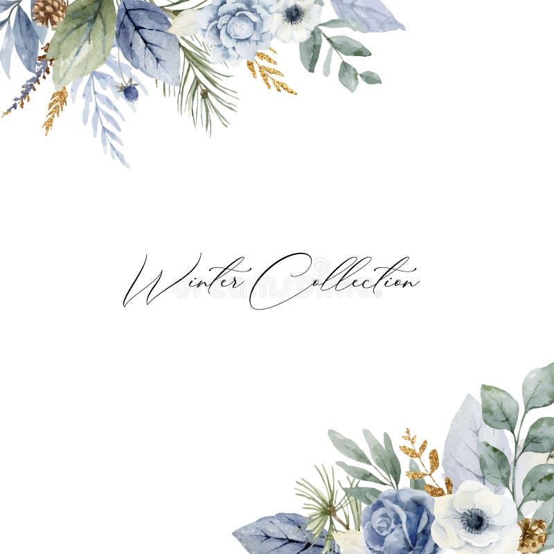 A watercolor vector winter wreath with dusty blue flowers and branches.