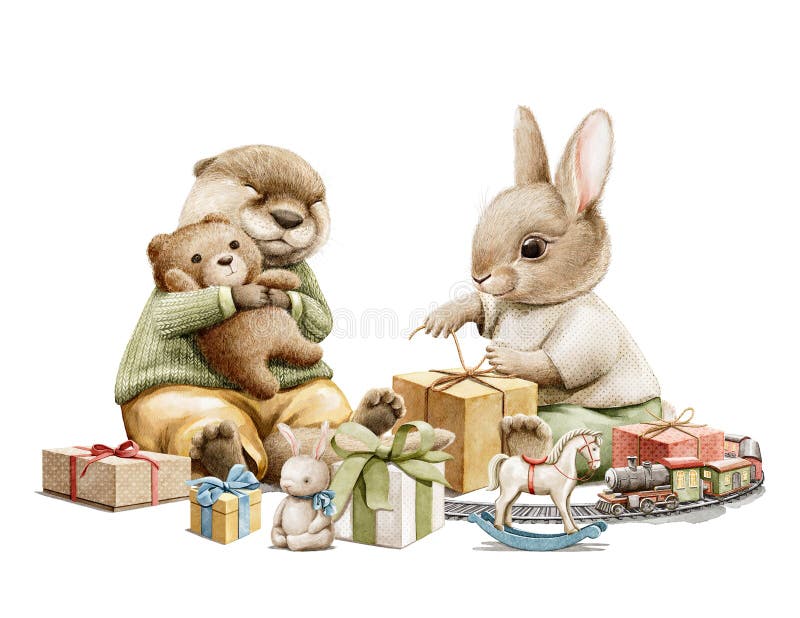 Watercolor vintage cartoon otter and bunny sits in clothes, with present, toy railway and hug teddy bear