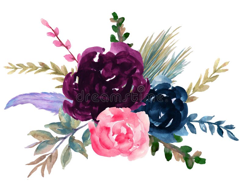 Watercolor Vintage Floral Rose Sunflower Peony Gerbera and Abstact Flower  or Leaves Composition Pink and Navy and Blue and Marsala Stock Illustration  - Illustration of feather, ethnic: 144671388