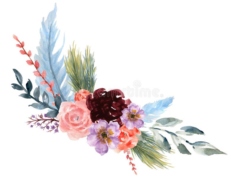 Watercolor Vintage Floral Rose Sunflower Peony Gerbera and Abstact Flower  or Leaves Composition Pink and Navy and Blue and Marsala Stock Illustration  - Illustration of hippie, element: 144671536