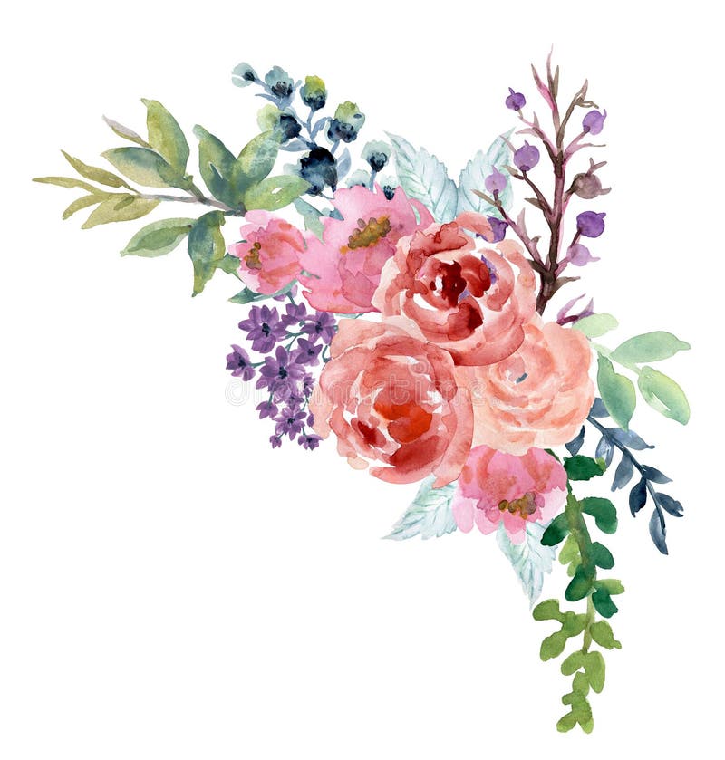 Watercolor Vintage Floral Rose Sunflower Peony Gerbera and Abstact Flower  or Leaves Composition Pink and Navy and Blue and Marsala Stock Illustration  - Illustration of boho, design: 144671563