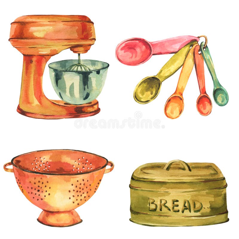 https://thumbs.dreamstime.com/b/watercolor-vintage-kitchen-utensils-clipart-measuring-spoon-mixer-colander-bread-bin-cooking-digital-isolated-white-background-192986368.jpg