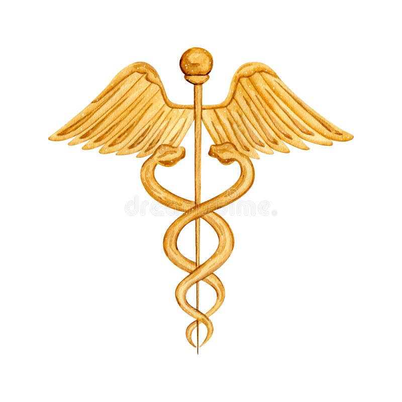 Watercolor vintage medical sign caduceus. High quality medicine logo illustration