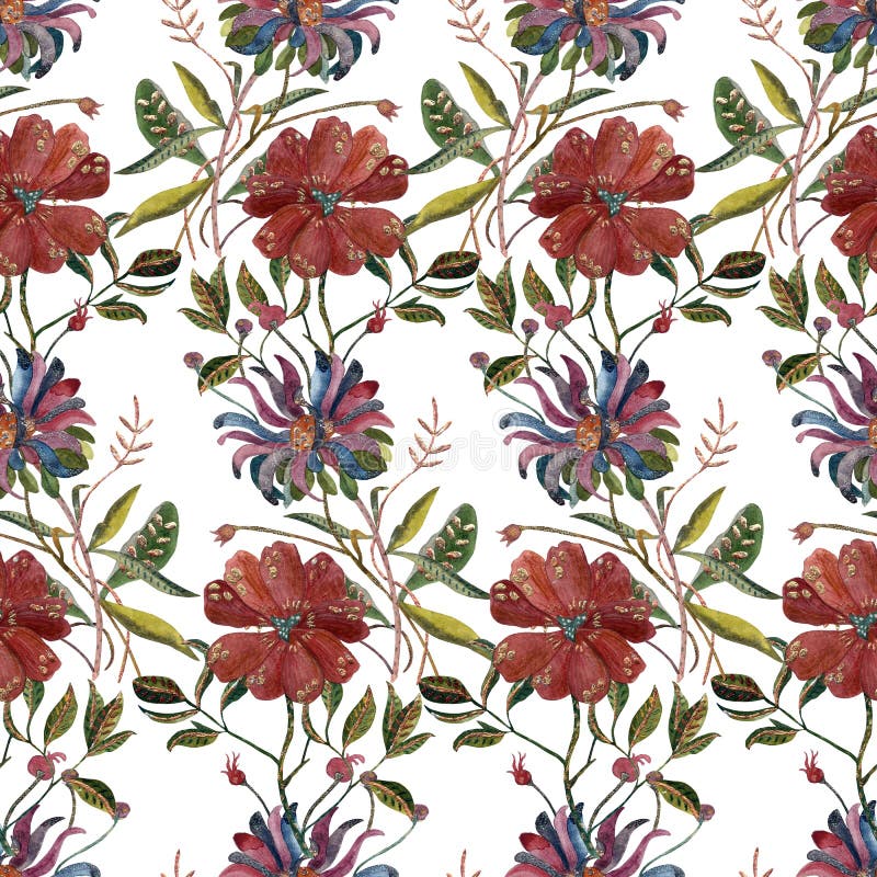 Watercolor Vintage Style Flower. Seamless Pattern. Hand Draw ...