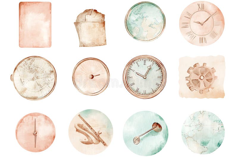 Watercolor vintage travel and time elements vector illustration