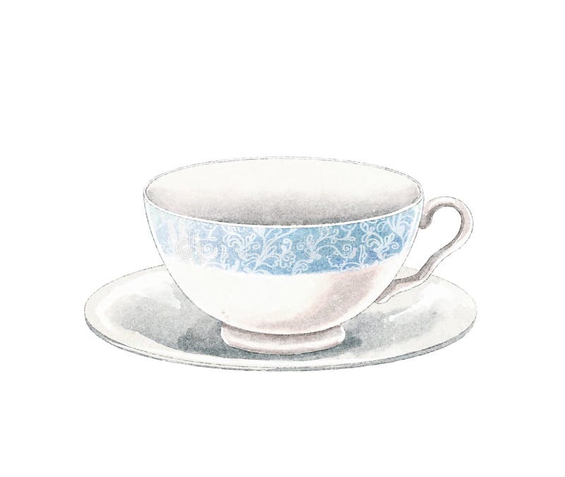 Watercolor vintage white tea cup on a saucer with blue border