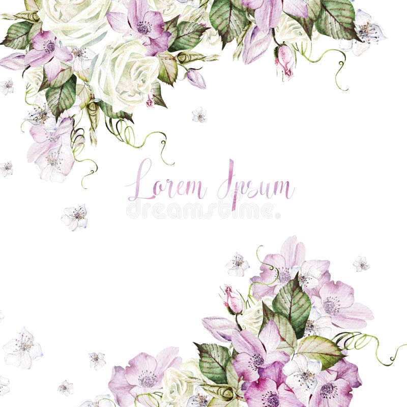 Watercolor wedding card with roses and anemone flowers. Illustration