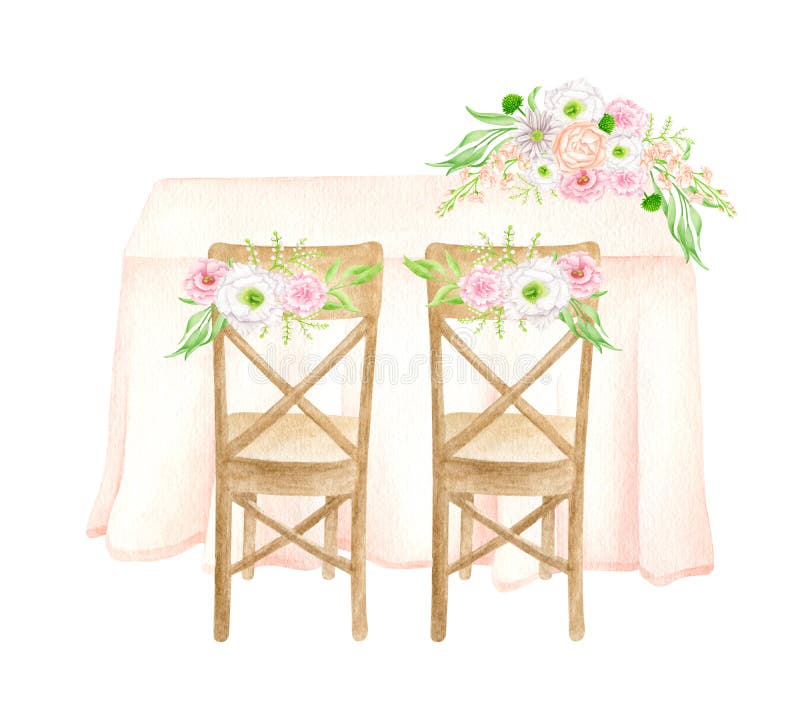 Watercolor wedding table back view illustration. Hand painted draped sweetheart table with cloth, wooden chairs, floral