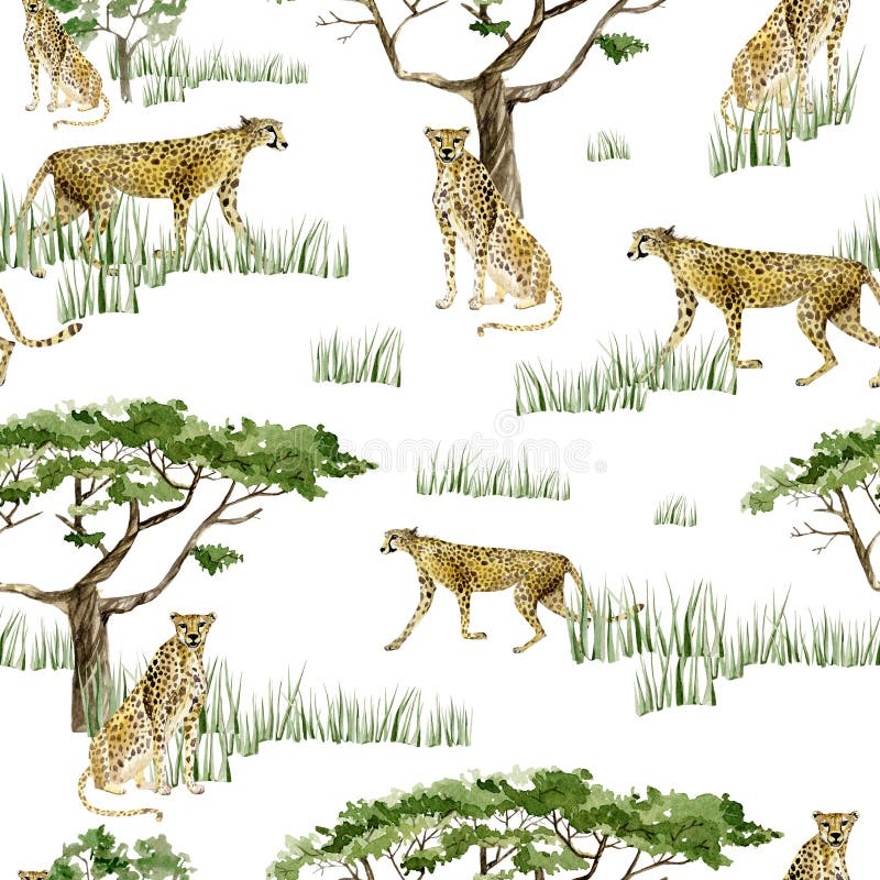 Watercolor wild Africa animal seamless pattern. Savannah Cheetah, tree and graas. Nature Africa for nursery decor, baby shower, vector illustration Watercolor wild Africa animal seamless pattern. Savannah Cheetah, tree and graas. Nature Africa for nursery decor, baby shower, vector illustration