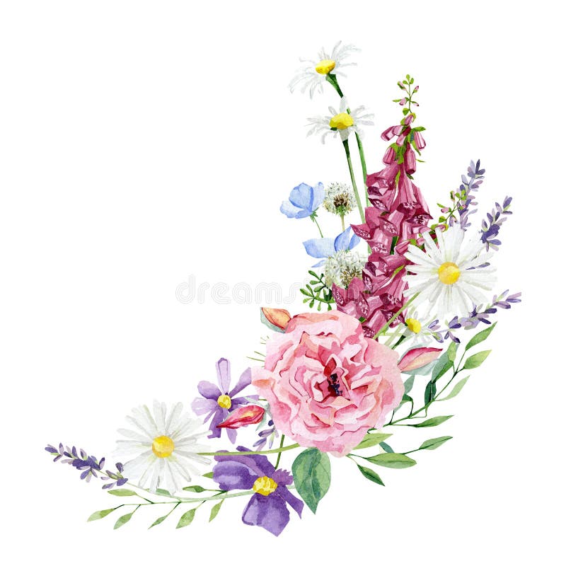 Watercolor wild flower bouquet wreath. Botanical bright wildflowers, peony, herbs, leaves, branches, twigs, foliage, leaves vector illustration Watercolor wild flower bouquet wreath. Botanical bright wildflowers, peony, herbs, leaves, branches, twigs, foliage, leaves vector illustration