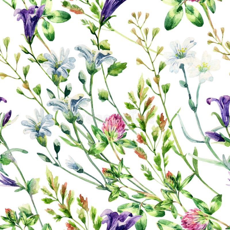 Watercolor wild flowers seamless pattern.