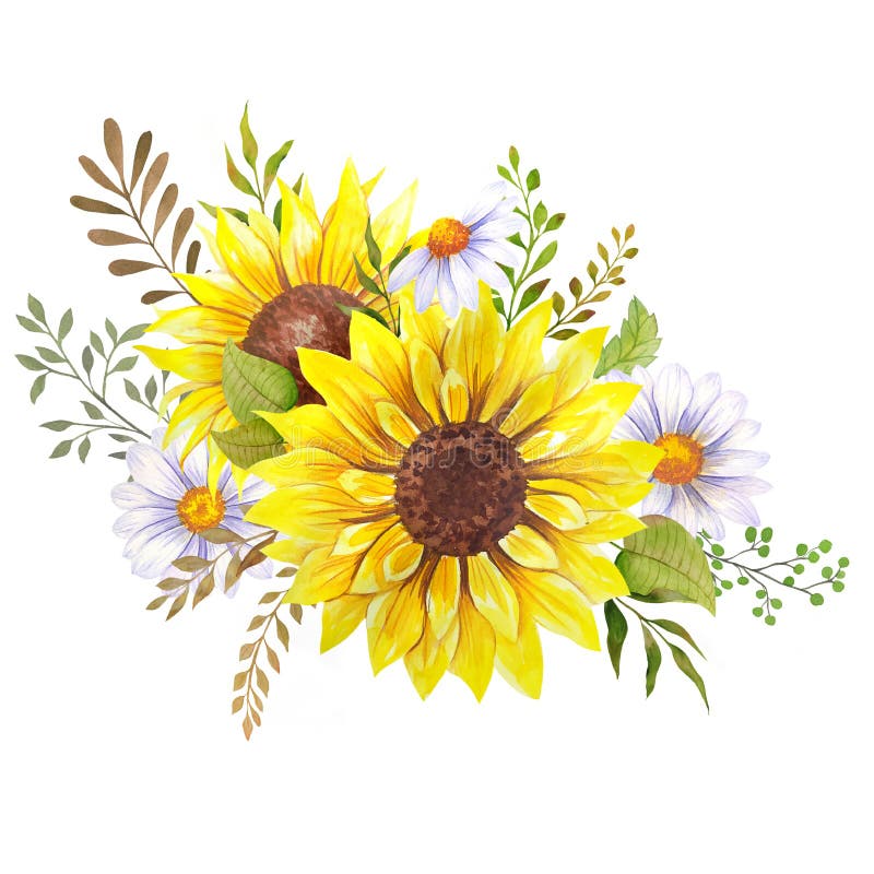 Watercolor Wildflowers Bouquet, Hand Painted Sunflower Bouquets ...