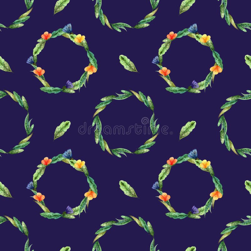Watercolor wildflowers. Seamless pattern with wreaths of yellow and orange flowers on a dark blue royalty free illustration Watercolor wildflowers. Seamless pattern with wreaths of yellow and orange flowers on a dark blue royalty free illustration
