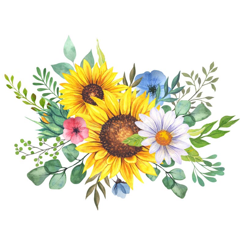 Watercolor Wildlowers Bouquet, Hand Painted Sunflower Bouquets ...