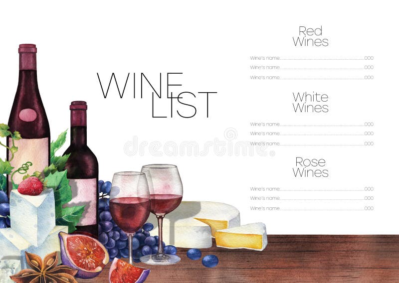 Watercolor wine glasses and bottles decorated with delicious food stock illustration Watercolor wine glasses and bottles decorated with delicious food stock illustration