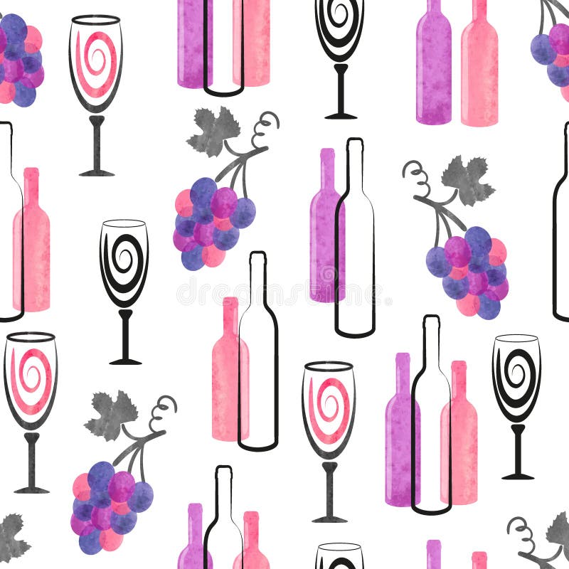 Watercolor Wine Seamless Pattern with Wine Bottles, Glasses and Grapes. Stock Vector