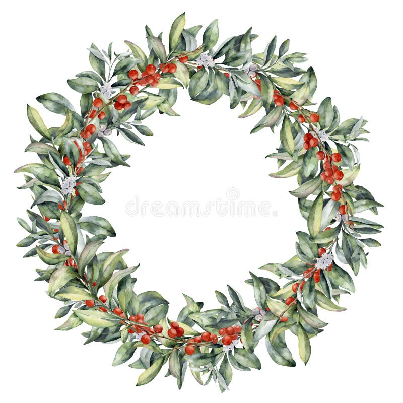 Watercolor winter floral wreath with berries. Hand painted snowberry branch with white and red berry isolated on white