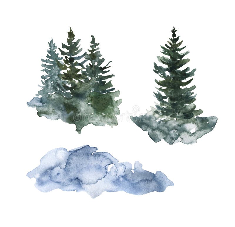 Watercolor winter forest illustration. Textured silhouette of green pine trees, isolated on white background. Landscape nature graphic. Watercolor winter forest illustration. Textured silhouette of green pine trees, isolated on white background. Landscape nature graphic