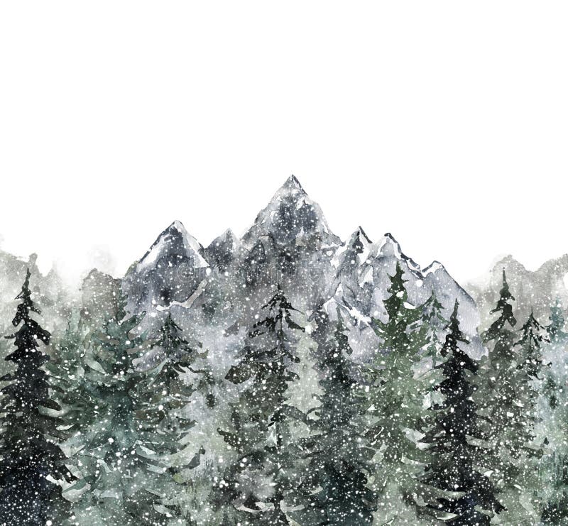 Watercolor winter forest landscape background with pine conifer snowy trees. Misty mountain background