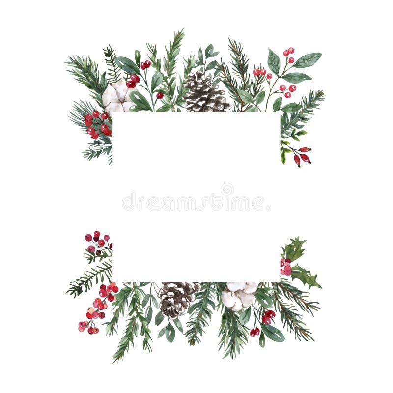 Watercolor Winter Greenery Border with Green Pine Branches, Pine Cone ...