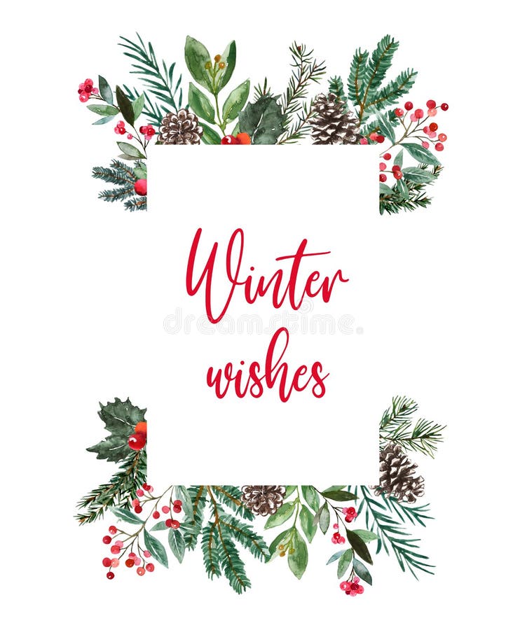 Winter greenery border with space for text. Watercolor painted pine  branches, pine cones, red berries, on white background. Holiday frame,  Christmas card or banner design. Stock Illustration