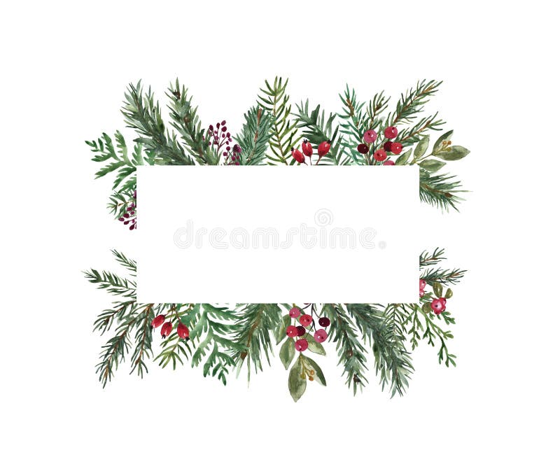 Festive and cheerful Christmas card border template. Winter holiday frame with pine branches, greenery, red berries, isolated. Watercolor winter greenery frame