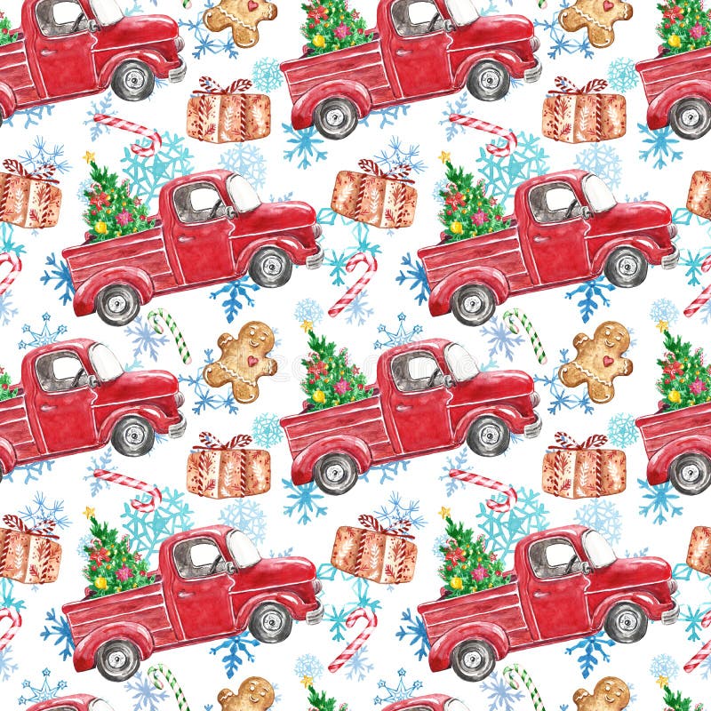 Watercolor winter seamless pattern with red Christmas truck, festive fir tree ,candy cane, gingerbread men, snowflakes on white