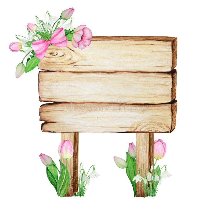 Watercolor Wooden signboards, empty Blank isolated with spring flowers decoration. Vintage old, retro Hand painted wood