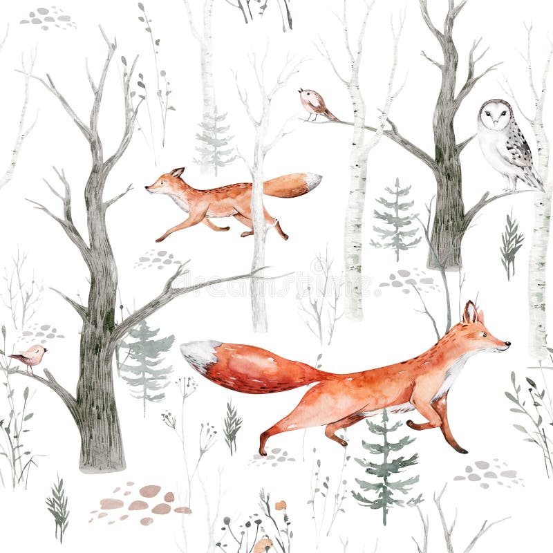 Watercolor Woodland animals seamless pattern. Fabric wallpaper background with Owl, hedgehog, fox and butterfly, Bunny