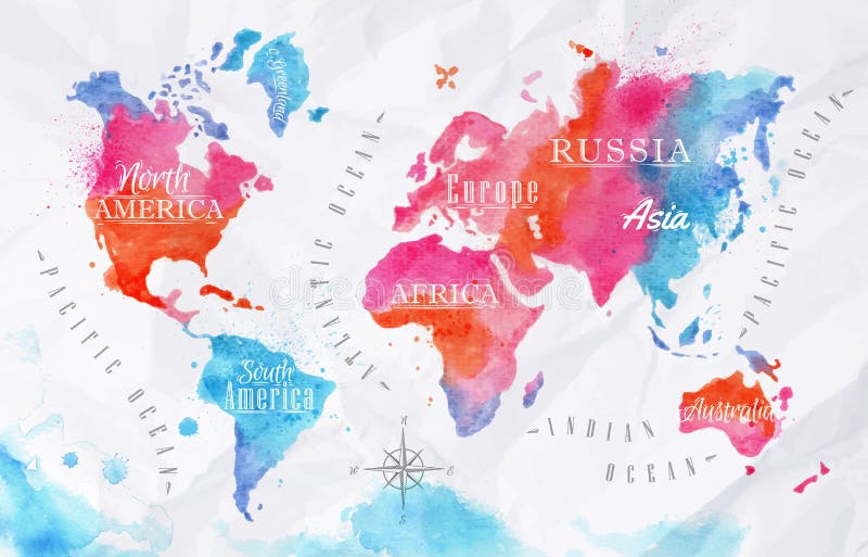 Akvarel mape sveta vo vektorovej forme v ružovej a modrej farby na pozadí pokrčený papier.