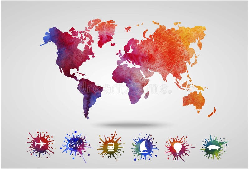 Watercolor World Map with Transport Icons Set stock illustration Watercolor World Map with Transport Icons Set stock illustration
