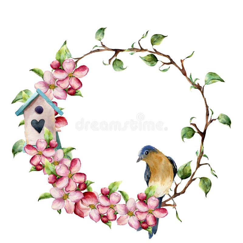 Akvarel veniec strom, jablko kvet, vták a vtáčí domček.