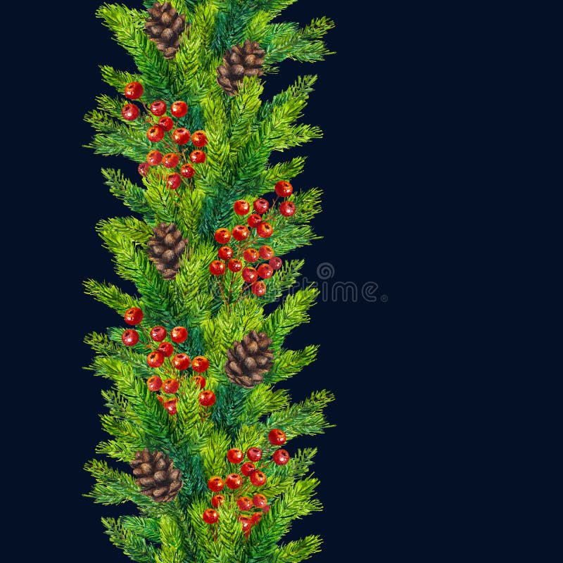 Watercolor xmas seamless borders of fir branches, cones and berries