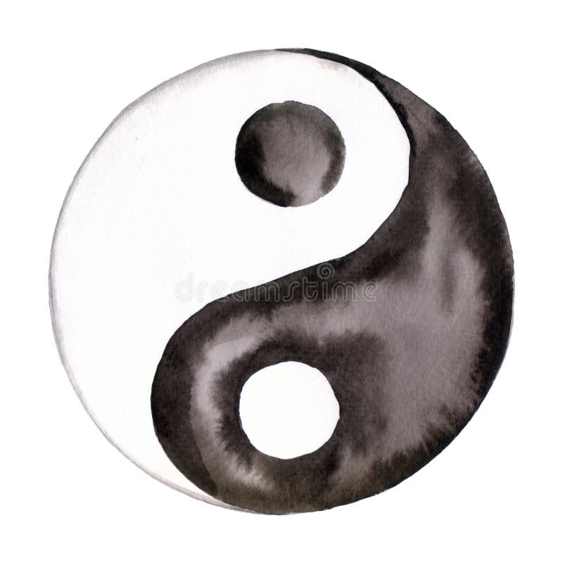 Watercolor Yin Yang Symbol Black and White Stock Illustration