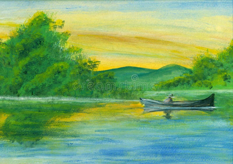 Hand painted peacefull watercolor lake with a boat and vegetation. Hand painted peacefull watercolor lake with a boat and vegetation.