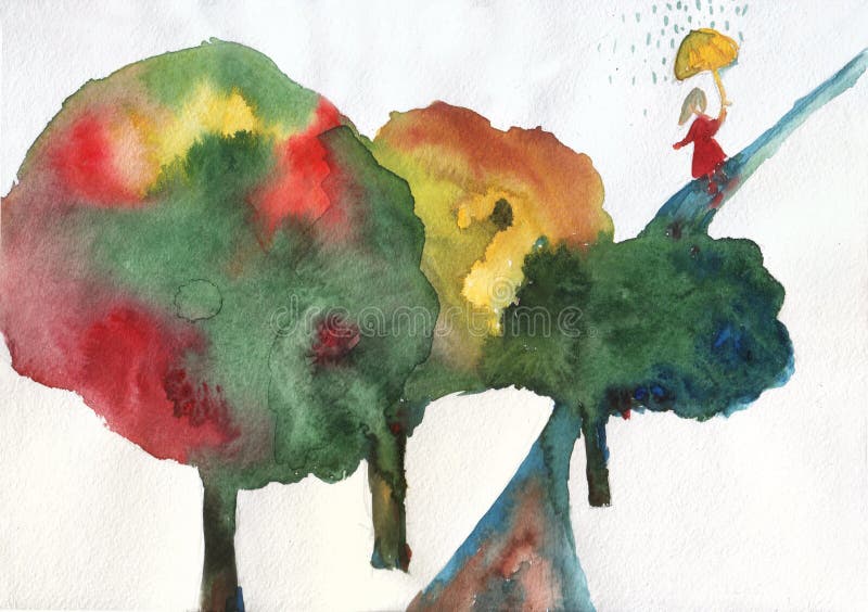 Watercolor με τα δέντρα και το κορίτσι φθινοπώρου απεικόνιση αποθεμάτων