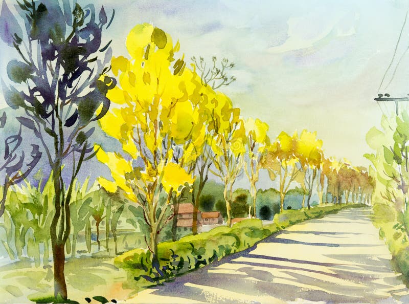 Watercolor που χρωματίζει το αρχικό κίτρινο χρώμα τοπίων του χρυσού δέντρου ελεύθερη απεικόνιση δικαιώματος Watercolor που χρωματίζει το αρχικό κίτρινο χρώμα τοπίων του χρυσού δέντρου ελεύθερη απεικόνιση δικαιώματος