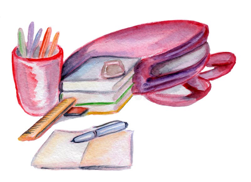 School supplies as like backpack, books, pens, pencils, ereaser, notebook, rule in watercolor on a white background. School supplies as like backpack, books, pens, pencils, ereaser, notebook, rule in watercolor on a white background