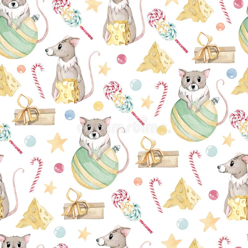 Watercolor Ñute Christmas pattern, mouse, decor, gifn box, candy cane, stars, ball. Perfect for your New Year project stock illustration Watercolor Ñute Christmas pattern, mouse, decor, gifn box, candy cane, stars, ball. Perfect for your New Year project stock illustration