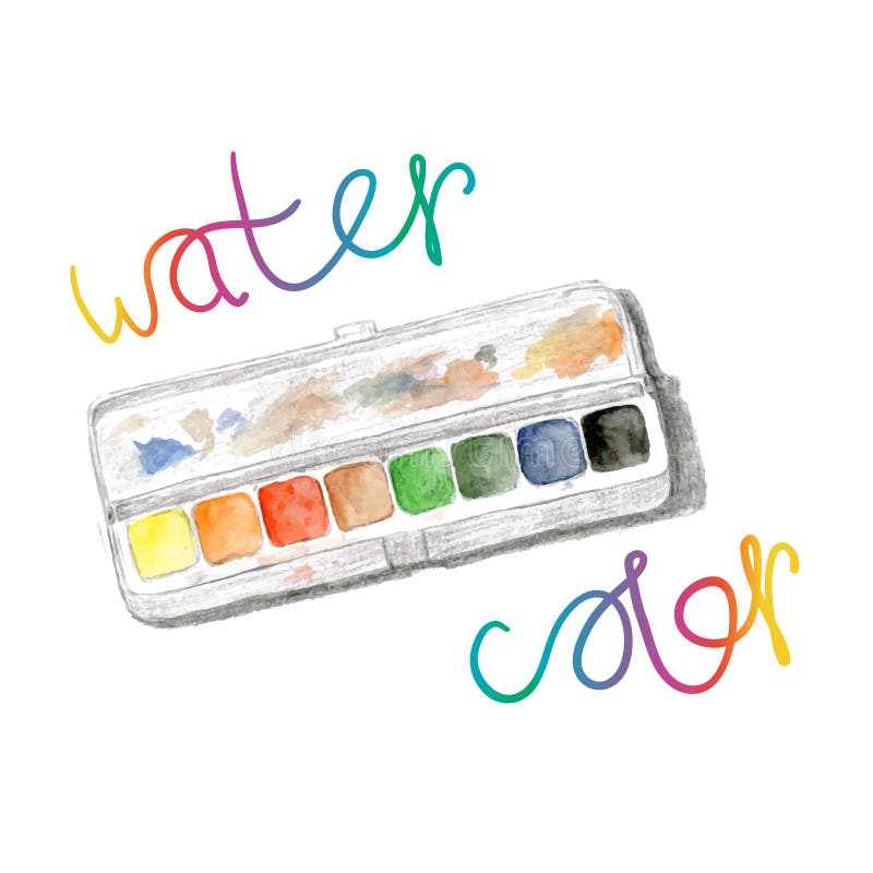 Watercolor paints in a box with brush Royalty Free Vector