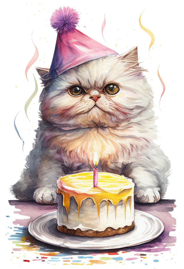 Watercolour Illustration of Persian Cat Celebrating Birthday. Cat with ...