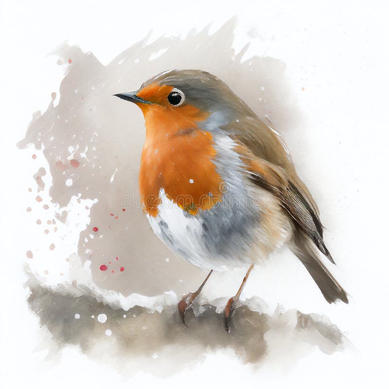 Watercolour Of A Robin Redbreast Erithacus Rubecula Bird In The