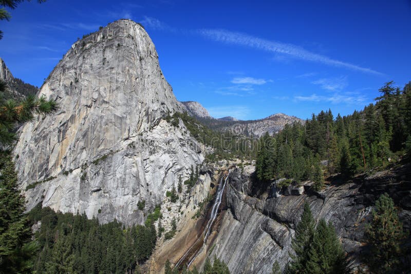 Waterfall besides of mountain top in Yosemite national park in US