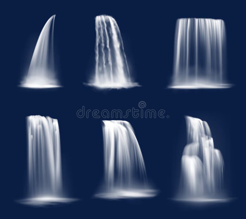 Waterfall cascade, realistic water fall streams, isolated vector pure liquid with fog. River, fountain elements of different shapes for natural design. 3d falling waterfall, streaming water jets set. Waterfall cascade, realistic water fall streams, isolated vector pure liquid with fog. River, fountain elements of different shapes for natural design. 3d falling waterfall, streaming water jets set