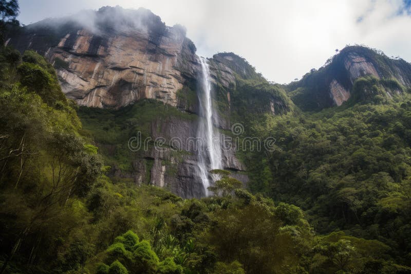 Waterfall Cascading Down the Side of a Mountain in the Amazonas Stock