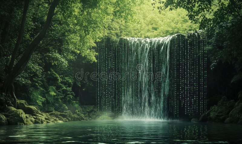 Waterfall with digital matrix effect in lush green forest setting royalty free stock photo