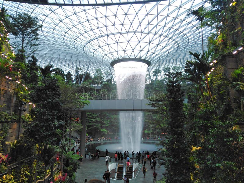 Waterfall in the Jewel Changi Airport stock photo Waterfall in the Jewel Changi Airport stock photo